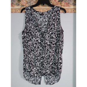 Denver Hayes Large Black White Floral Leaf Sleeveless Casual Flowy Button Down T